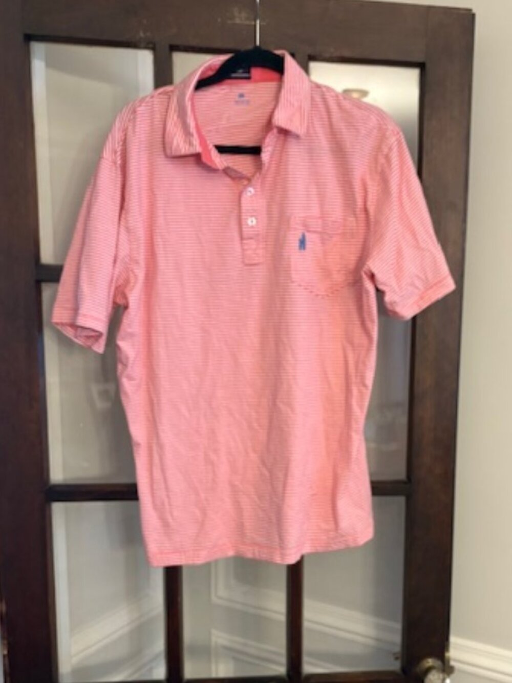 Johnnie-O Salmon and White Striped Polo, Size Large